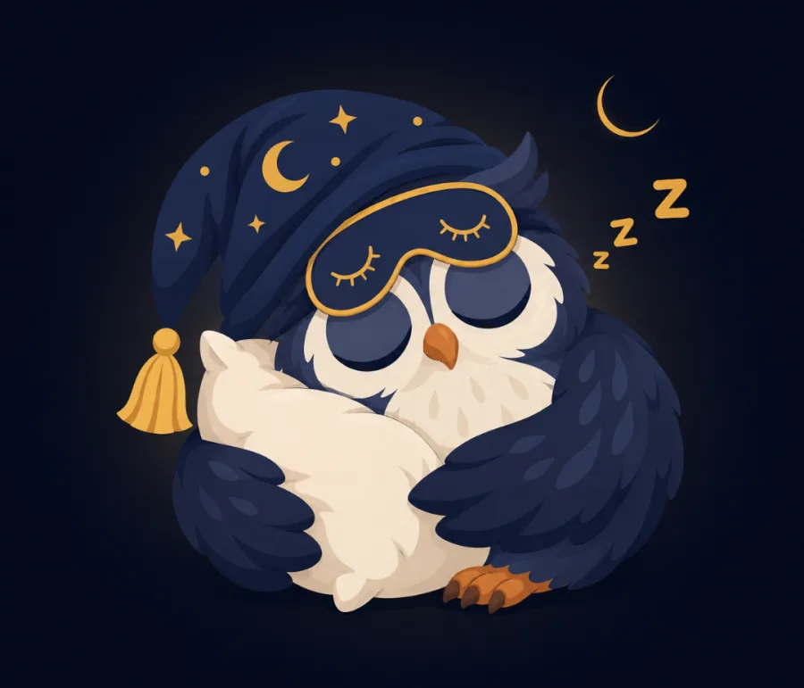 Otis the owl asleep in a nightcap and sleep mask